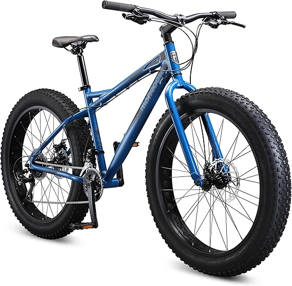 Mongoose Juneau Men and Womens Fat Tire Mountain Bike, 26x4-Inch Big Fat Wheels, 16-Speed Trigger Shifters, Adult Aluminum Mountain Frame, Blue