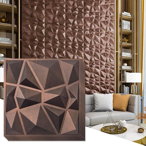 Art3d Textures 3D Wall Panels Diamond Design, 32 Sq.Ft PVC Interior Wall Decor for Living Room, Bathroom, Kitchen, Pack of 12 Tiles, 19.7 x 19.7 Inch, Antique Copper