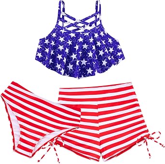 Girls Swimsuit Kids Bathing Suit 3 Pieces Bikini Set with Shorts Adjustable Swimwear 7-13 Years
