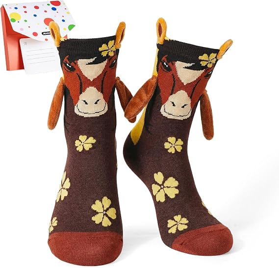 Jeason Horse Gifts for Girls, Crazy Silly 3D Cute Hand-Holding Horse Gifts for Kids, Novelty Crew Cotton Socks Magnetic Holding Hands Socks for Horses Lovers Girls Women Birthday Presents