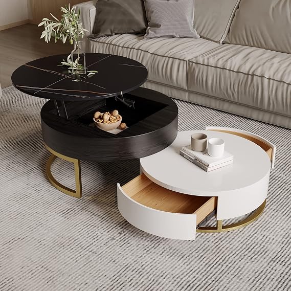 Lift Top Coffee Table, Round Coffee Table with Hidden Storage, Nesting Coffee Table Set of 2, End Table, Center Table for Living Room, Home, Office (Black)