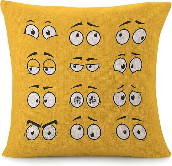 Throw Pillow Cover Cartoon Eyes Square Cotton Linen Sofa Pillow Case Funny Circle Cute Mad Angry Artistic Black Comic Curve Emotion White Yellow Orange Cushion Cover Home Couch Bed Decor 12x12 Inch