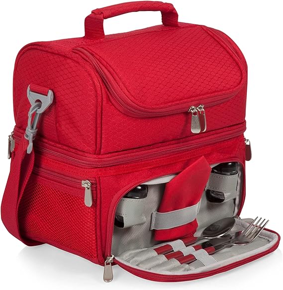 PICNIC TIME Pranzo Lunch Bag, Expandable Insulated Lunch Box with Picnic Set, Stylish Soft Cooler Bag, Portable Cooler Lunchbox with Dual Compartment Design and Leatherette Handles, (Red)
