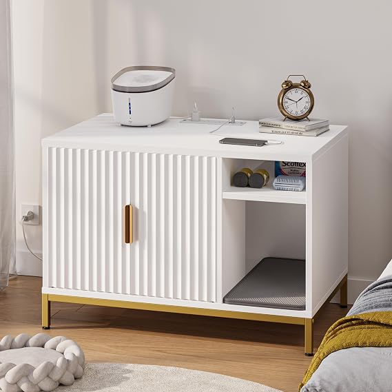 Bestier Cat Litter Box Enclosure, Glossy Fluted Hidden Litter Box Cabinet with Power Outlets, Cat Washroom Furniture with Double Layer Litter Mat, White and Gold