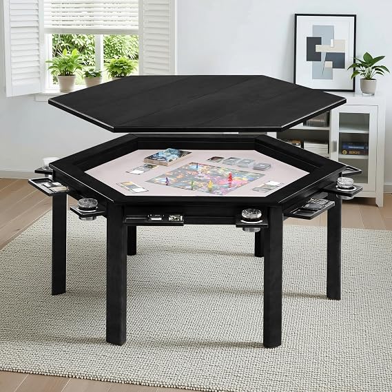 Board Game Table with Removable Table Top Seats 4 to 6 Players Hexagonal Solid Wood Dining and Gaming Table Includes Play Mat, Detachable Cup Holders & Trays, Black