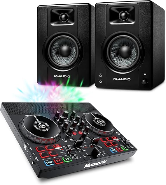 Numark Party Mix Live DJ Controller and M-AUDIO BX4 Pair Studio Monitors for Studio Recording, Music Production, Podcasting, Streaming
