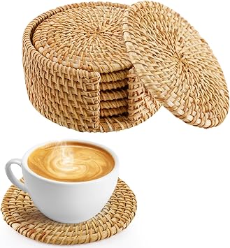 6pcs Natural Handmade Rattan Coasters with Holder - Wicker Drink Coasters Set, Housewarming Gifts Boho Summer Home Coastal Decor