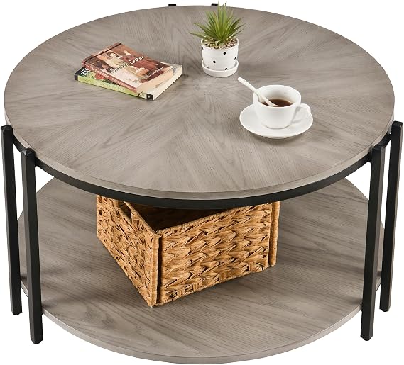 Round Coffee Table, 32.28" Coffee Table for Living Room, Cocktaile Table with 2-Tier Rustic Wood Desktop, Rustic Coffee Table with Storage Shelf Modern Design Home Furniture, Grey