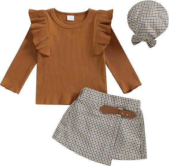 Toddler Girls Clothes 2T 3T 4T 5T Fall Outfits Baby Ruffle Tops + Plaid Skirt Shorts + Beret Hat Set Toddler Clothes