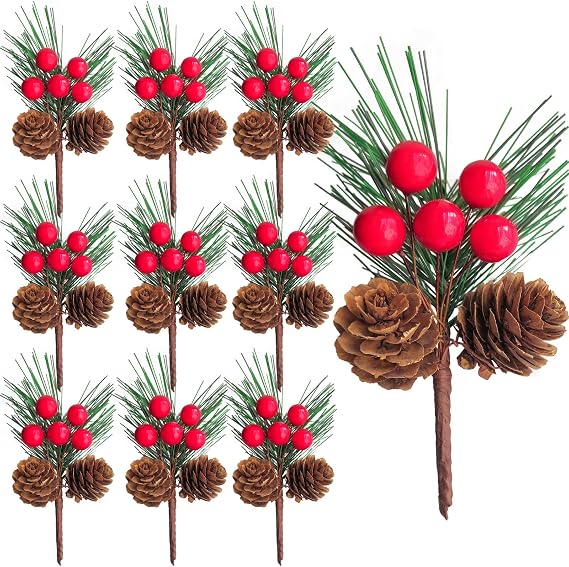 10 Pcs 4.7-Inch Artificial Pinecone and Berry Picks, Christmas Tree Picks, Pine Tree Needles Branches, Realistic Faux Pine Sprigs with Red Berries for DIY Wreaths, Garlands, and Home Xmas Decorations