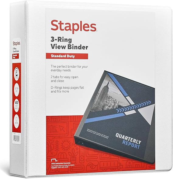 Staples Standard 2-Inch D-Ring View Binder, Holds Up to 480 Sheets, White, Durable 3-Ring Binder for Office, School & Home