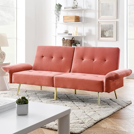 HRVEOCEI 78" Comfy Futon Sofa Bed, Green Velvet Fabric Futon Sofa Bed Couch, Convertible Sleeper Sofa with Adjustable Backrest& Armrests, Modern Loveseat Sleeper for Living Room (Pink)