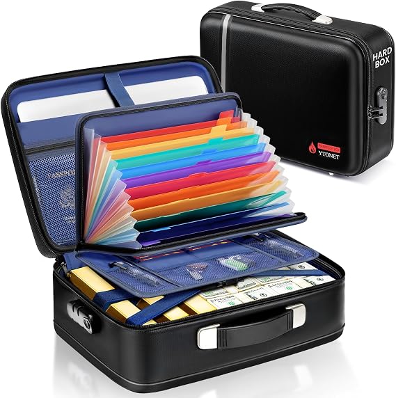 Fireproof Document Box Hard Case with Lock, Upgraded Size Fire Proof Safe for Home Documents with Accordion File Folder & 15.6" Laptop Pocket, Waterproof Office Travel Safe Box for Important Documents