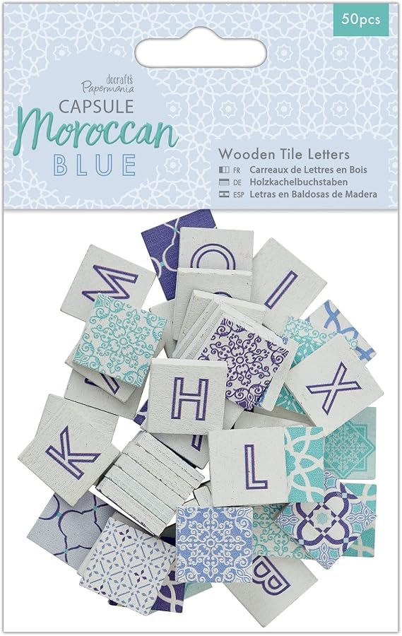 Papermania Capsule 50-Piece Wooden Tile Letters, Wood, Blue, 15 x 10.5 x 2 cm
