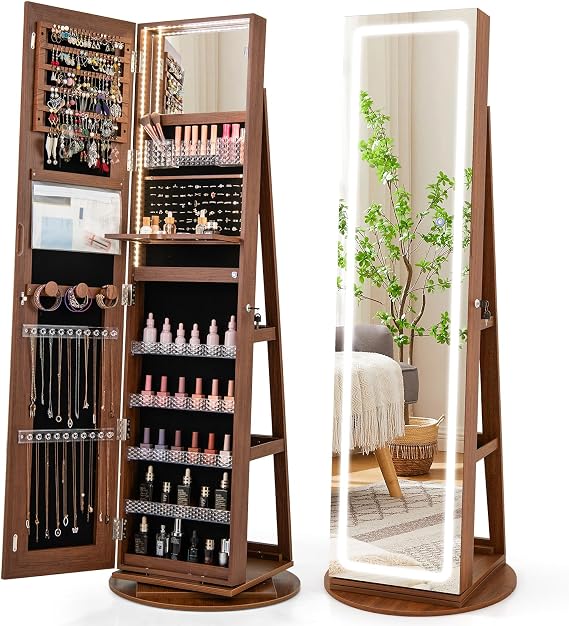 GOFLAME 360 Swivel Jewelry Cabinet Armoire with Full Length Mirror, Standing Jewelry Storage Organizer with Rear Storage Shelves, 3-Color LED Lights, Foldable Shelf, Interior Mirror, Walnut