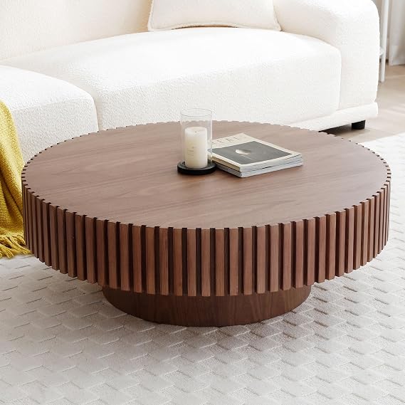 31.49'' Small Round Coffee Table Wood, Contemporary Circle Center Coffee Tables with Sturdy Pedestal, Modern Fluted Drum Accent Tea Table for Living Room, Small Space, Apartment, Farmhouse, Walnut