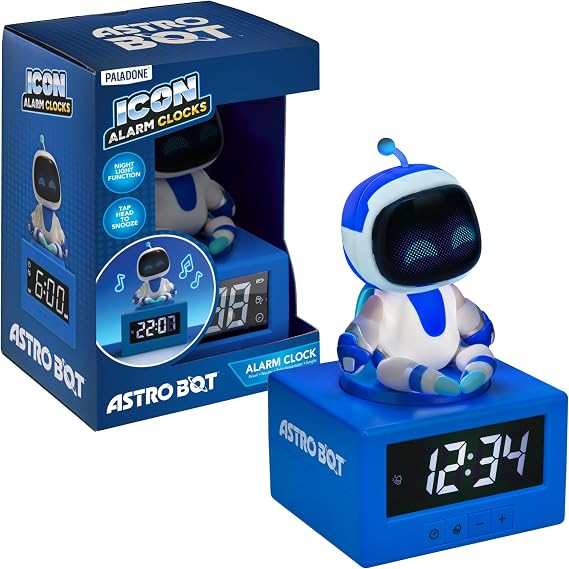 Paladone Astro Bot Icon Alarm Clock Digital Clock with Tap-to-Snooze & Night Light Function, 17cm Battery-Powered Astro Bot Figurine Clock for Kids & Gamers