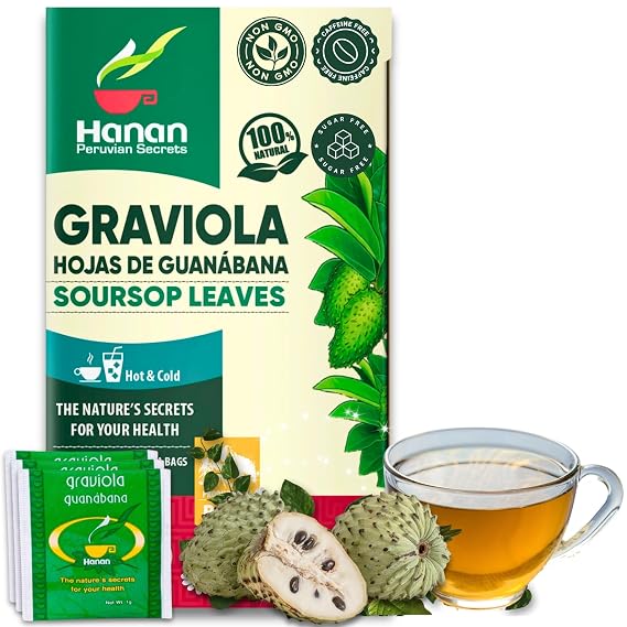 Hanan Soursop Leaf Tea Bags 100% Natural Hojas de Guanabana Leaves - Graviola Tea, Hand-Selected Soursop Leaves for Digestive Support & Calming Flavor 25 Bags from Peru