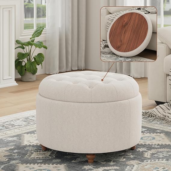 25Inch Round Storage Ottoman, Small Round Ottoman Coffee Table with Storage