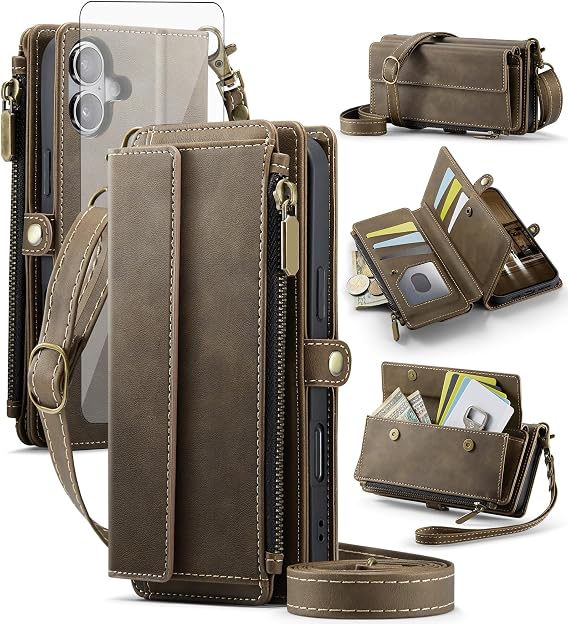 Asuwish Phone Case for iPhone 17 6.3 inch Zipper Wallet Cover with Screen Protector and Crossbody Lanyard Strap Flip RFID Blocking Card Holder Cell i Phone17 i17 17Case Women Girls Brown
