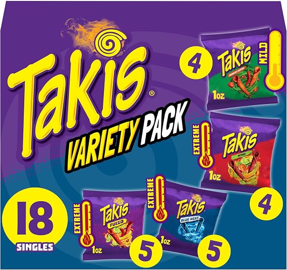 Takis 18 pc / 1 oz Variety Pack, Assorted Flavored Mixed Rolled Tortilla Chips – (5) Fuego 1 oz, (5) Blue Heat 1 oz, (4) Nitro 1 oz, (4) Crunchy Fajitas 1 oz