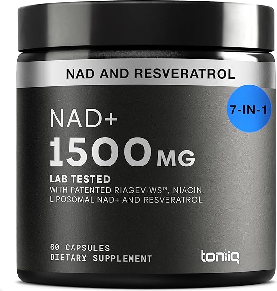 Toniiq Liposomal NAD+ and Resveratrol Supplement - 1500mg Ultra High Strength NAD Supplement - Clinically Studied Ingredients with Patented RiaGev-WSTM, Resveratrol, and Niacin - 60 Capsules