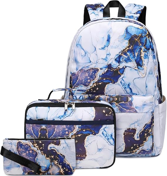 School backpack for Girls Boys Teens Marble Backpack with Lunch Box Pencil Case Kids Backpack for Teenagers Middle School-Blue