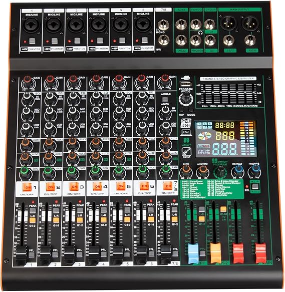 Depusheng TG8 professional dj audio mixer 8 channel input and dual group output with 99-bit dps reverb chip bluetooth usb recording and mp3 playback suitable for stage, bar, recording studio
