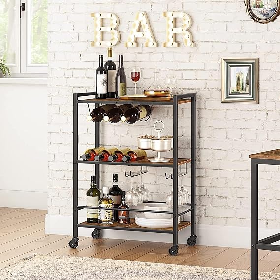 3-Tier Rolling Industrial Rustic Charm on Wheels Wooden Bar Design Kitchen Serving Cart Trolley with Lockable Wheels - Perfect for Dining Rooms, Living Rooms, Gardens, Parties, and Bars