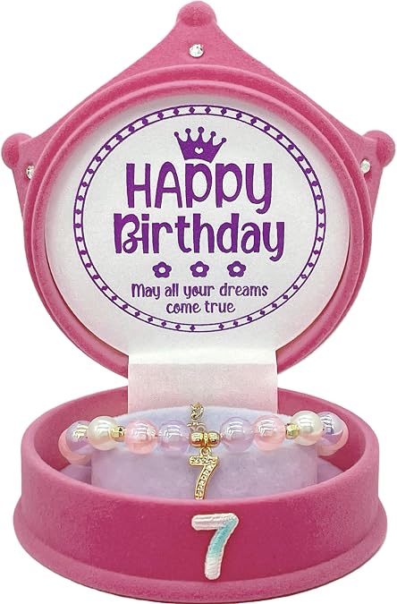 ZomefinKiu Girls 7th Birthday Bracelet - Pink, 7th Birthday Crown Box, Outfit, Jewelry, Charm Bracelet