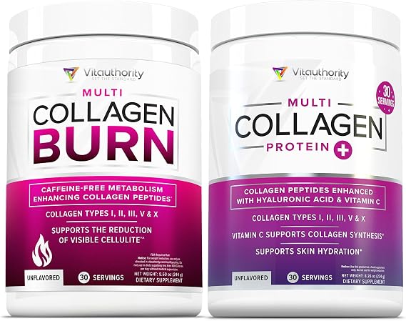Vitauthority Multi Collagen Burn Unflavored: Hydrolyzed Protein Peptides with Hyaluronic Acid and Multi Collagen Peptides Powder for Women - Hydrolyzed Collagen Powder Unflavored 30 Servings