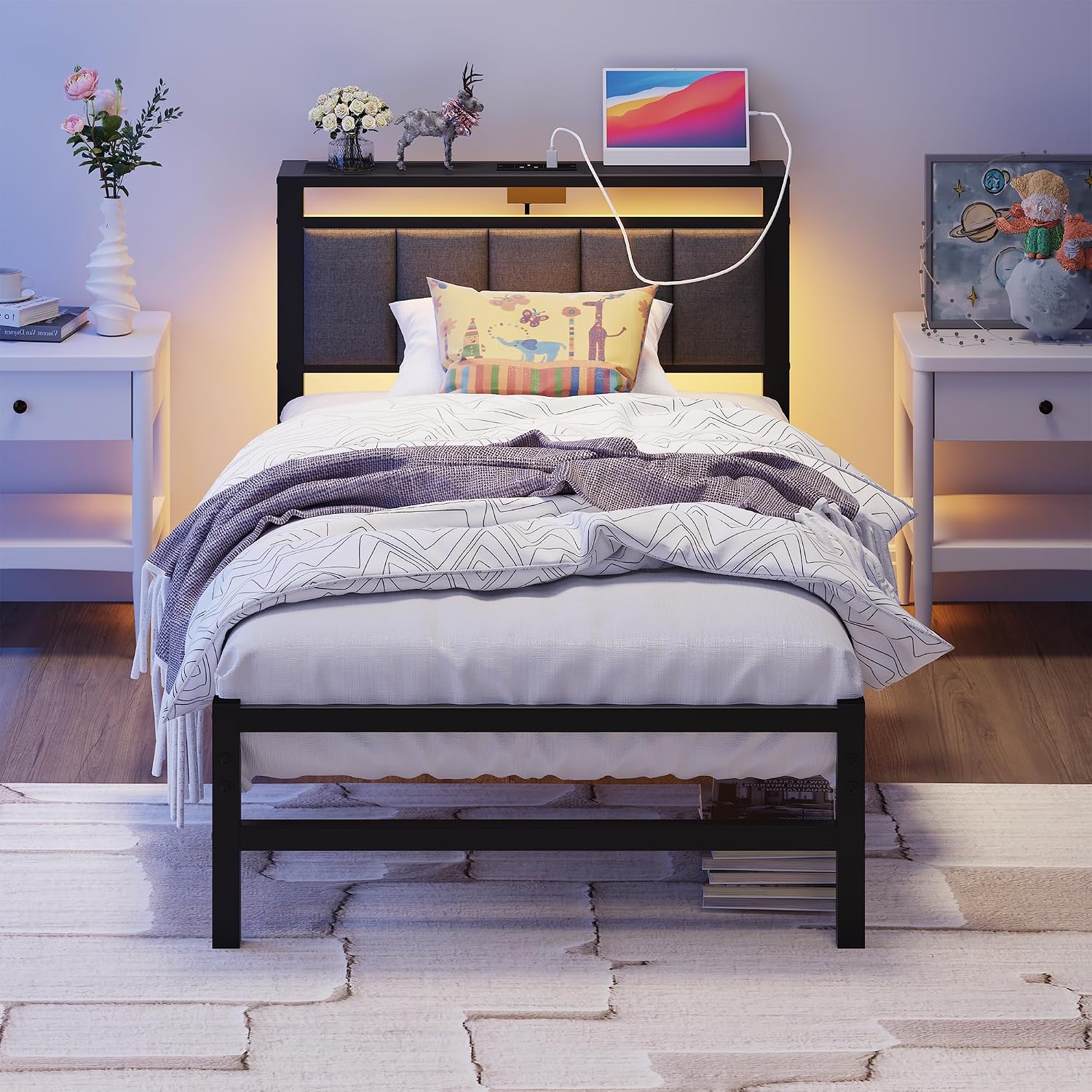 Single Bed Frame 90x190 with LED Lights and Charging Station,3ft Metal Upholstered Platform Bed Frame with Storage HeadboardUnder Bed StorageMattress FoundationEasy Assembly