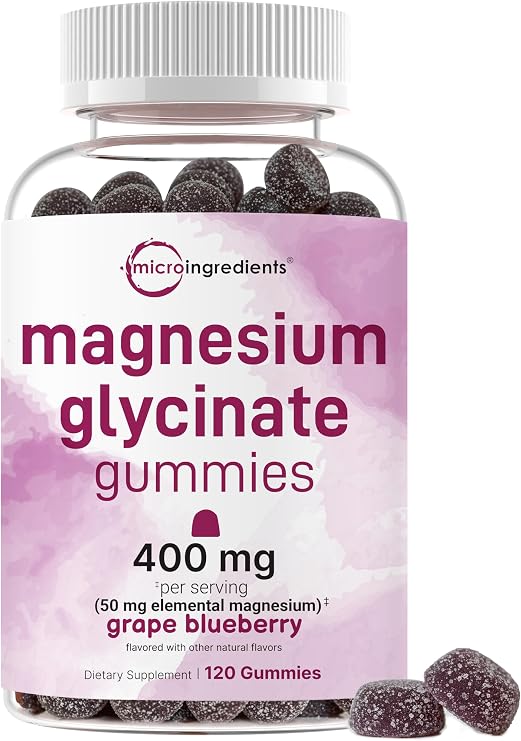 Magnesium Glycinate Gummies 400mg Per Serving, 120 Count | Natural Grape Blueberry Flavor | Potent Elemental Form + Chelated for High Absorption | Healthy Muscle, Bones, Mood Support Supplement