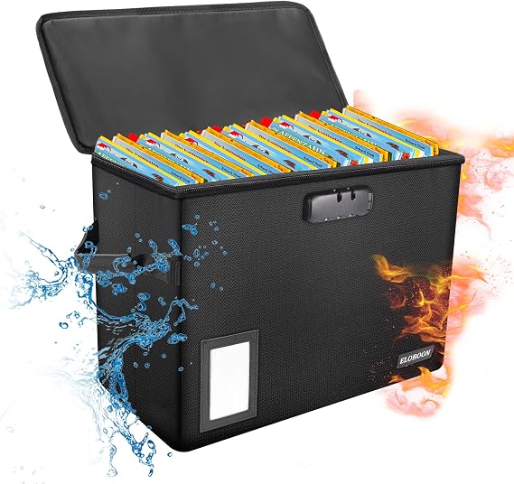 Comic Book Storage Box with Lock, Fireproof Comic Book Organizer | Holds 150-175 Comics,Water-Resistant, Moistureproof Comic Book Box, Label Window,Zipper,Heavy Duty Bin,Container Holder,Black