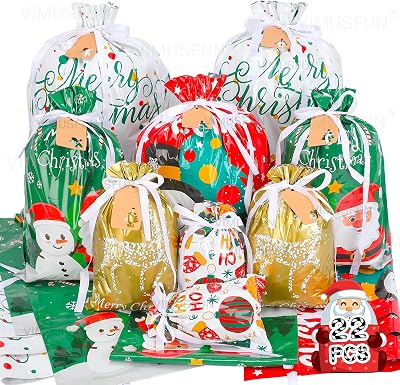 Christmas Gift Bags, 22pcs Christmas Bags for Gifts, Drawstring Christmas Gift Bags Assorted Sizes-Large, Medium, Small, Holiday Gift Bag, Christmas Wrapping Paper Reusable Plastic Christmas Bags Bulk