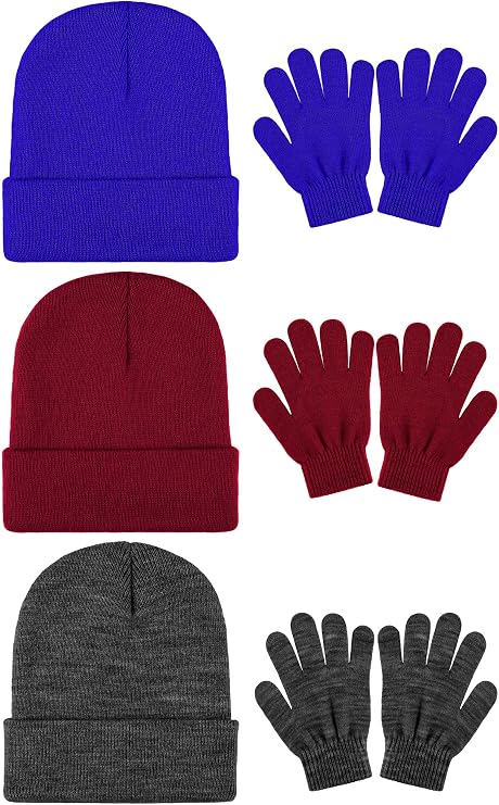 Cooraby 6 Pack Kid's Winter Beanies Hat Full Fingers Gloves Set Skull Winter Caps Stretchy Gloves for Boys Girls