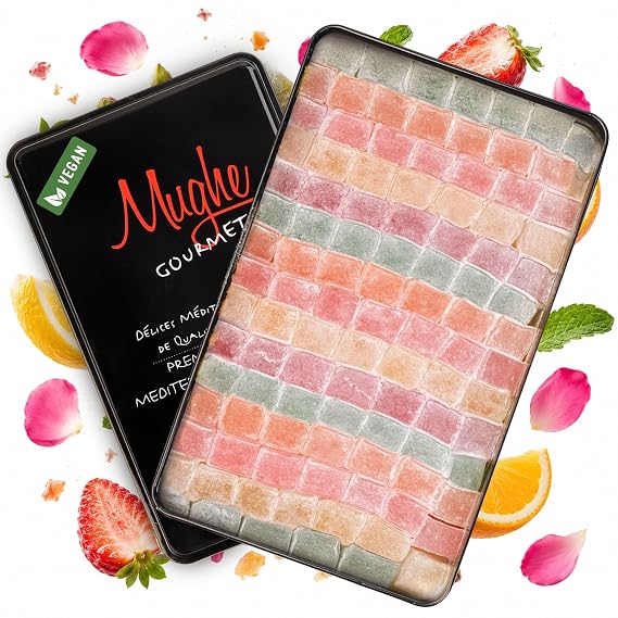 Mughe Gourmet Turkish Delight Candy Elegant Gift Tin Box - 1.65lb-750g - Halal Vegan Lokum Fruit Flavors Rose, Strawberry, Lemon, Orange, Mint - Gift for Special Occasions, Halloween, Christmas