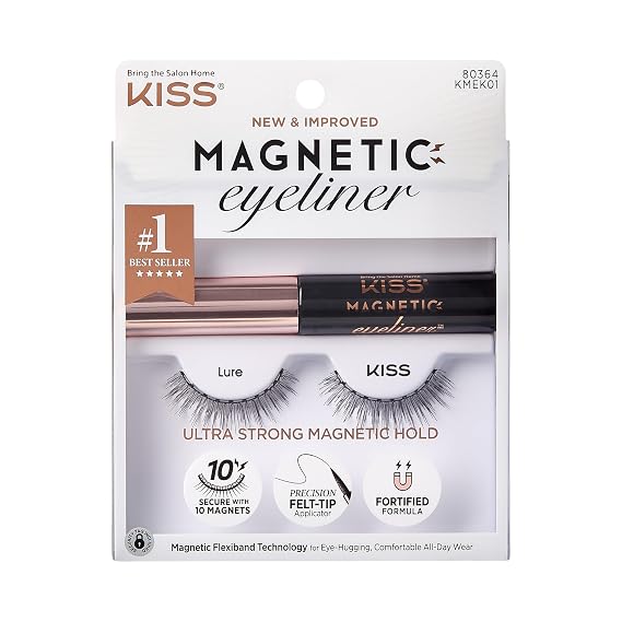 Kiss Magnetic False Eyelashes and Eyeliner,#39;Lure', 12mm, Easy to Apply, Reusable, No Glue, Flexiband Technology, Precision Felt Tip, Fortified Formula, 1 Pair Strip Lashes