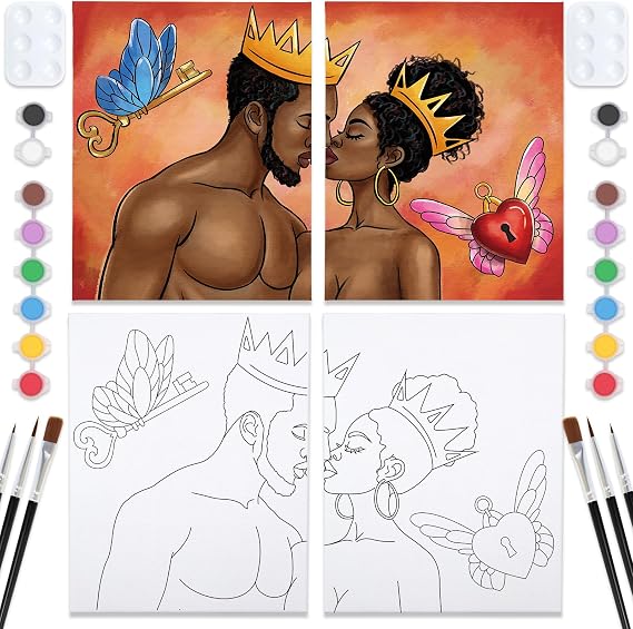 Nuberlic Couples Painting Kit Date Night King and Queen Sip and Paint Kit for Adults Pre Drawn Canvas for Painting for Adult Pre Stretched Canvas Art Set Christmas Valentine's Day 2 Pack 8"x10"
