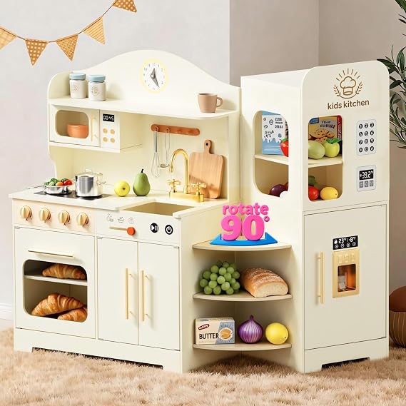 Play Kitchen for Kids with Rotating Design, Wooden Kids Kitchen Playset with Ice Maker, Toy Kitchen Set for Toddlers Girls Boys with Sink, Stove, Oven, Fridge, Microwave, Moonlight White