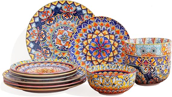 12-Piece Bohemian Porcelain Dinnerware Set for 4, Colorful Plates & Bowls