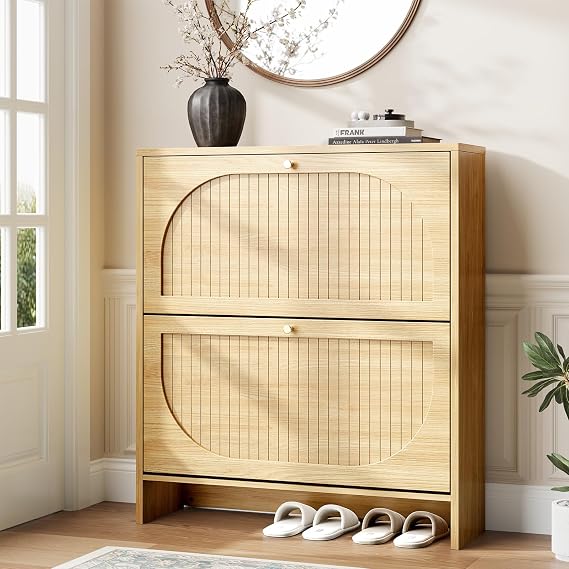 Nicetree Arch-Chic Shoe Cabinet for Entryway, Modern Mid-Century Shoe Storage Cabinet with Fluted, Narrow Shoe Rack with Adjustable Shelves & Tipping Protection, Fits Size 12+ Shoes,Wood