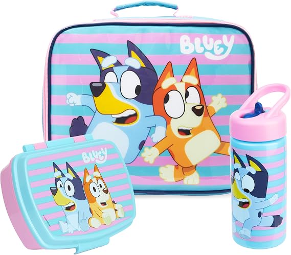 Get Trend Bluey Kids Insulated Lunch Bag 3Pc Set with Reusable Lunch Box & 14.2-oz BPA-Free Water Bottle, Lightweight with Carry Handle & Name Card Window, Gifts for Girls (Multi Bluey)