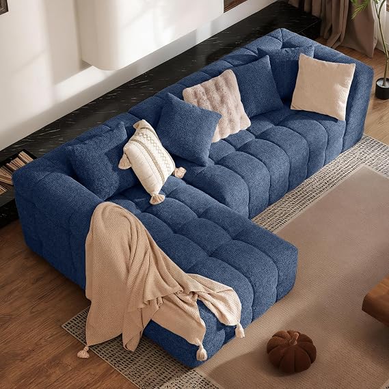 107" Modern Boneless Couch with L - Shaped Chaise, Comfy Chenille Modular Sectional Sofa with Tufted Design, Deep Seat Upholstered Sofa Bed, No - Assembly Sectional Couch, Blue