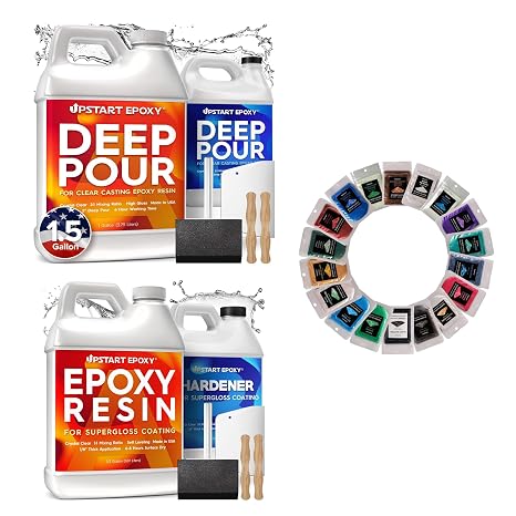 Upstart Epoxy Bundle - Deep Pour Epoxy Resin 1.5 Gal, Table Top Resin 1 Gal, and Mica Powder 18pcs Set of Pigments, Resin Glitter, Wood, Food Safe, Color Pigment, Countertop, Arts and Crafts