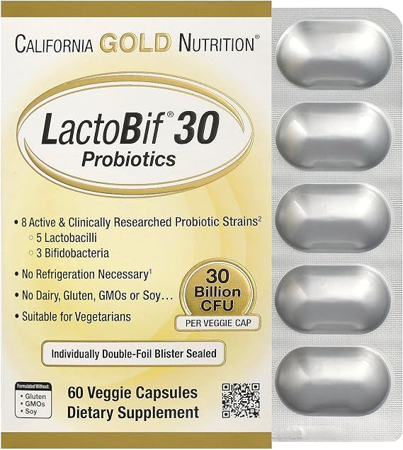 California Gold Nutrition LactoBif 30 Probiotics, 30 Billion CFU, 60 Veggie Capsules