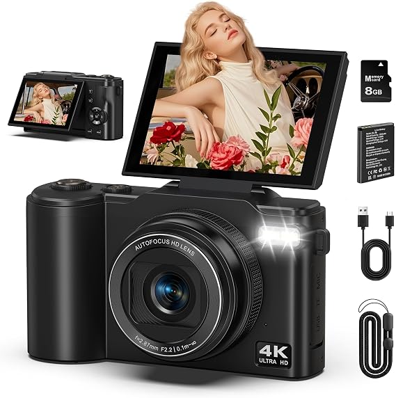4K Digital Camera for Photography, 64MP Vlogging Camera for YouTube with 180 Flip Screen, 18X Zoom UHD Autofocus Video Camara, Compact with Micro SD Card for Teens, Boys & Girls, Beginners