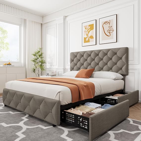 IDEALHOUSE Linen Fabric Queen Bed Frame with 4 Storage Drawers, Light Grey