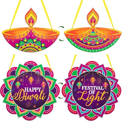 2Pcs Happy Diwali Decoration Wood Diwali Door Wreath for Front Door Sign Wall Signs Double-sided Printing, Welcome Door Wall Signs Festival of Light Hanging Crafts for Home Farmhouse Party Porch Decor
