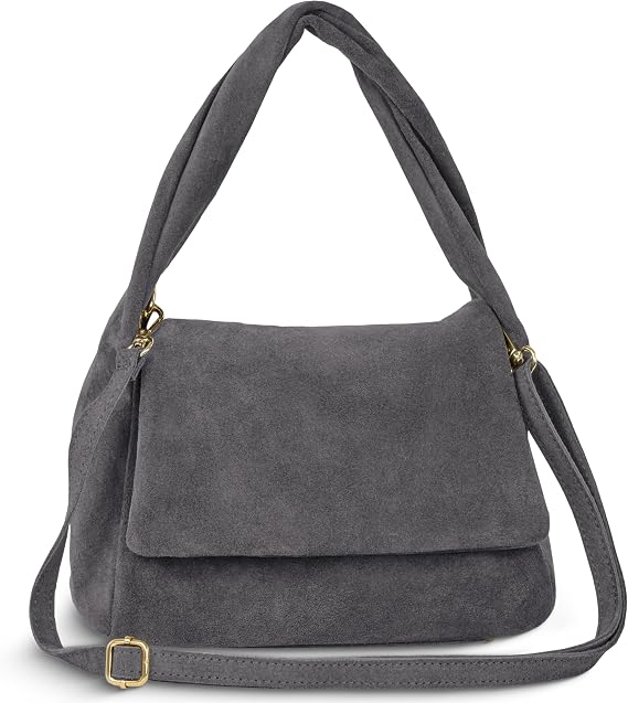 Italian Genuine Suede Top-Handle Bag for Women with Zipper Magnetic Flap & Twisted Handle | Crossbody Shoulder Purse (Pewter)